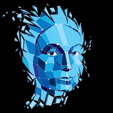 3d vektör dikey çizgiler mesh ile yaratılmıştır. İstihbarat alegori, mavi düşük Poli yüzü darmadağın, fikir, düşünce ve hayal gücü ile patlayan kafa parçalanmak ile.
