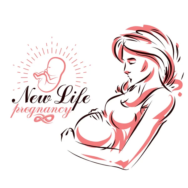 孕妇优雅的身体剪影 粗略的矢量插图 医疗中心为怀孕协助营销传单模板 — 图库矢量图片