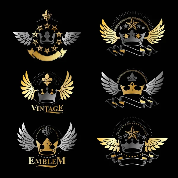 Anciennes Couronnes Emblèmes Ensemble Collection Éléments Design Vectoriel Héraldique Étiquette — Image vectorielle