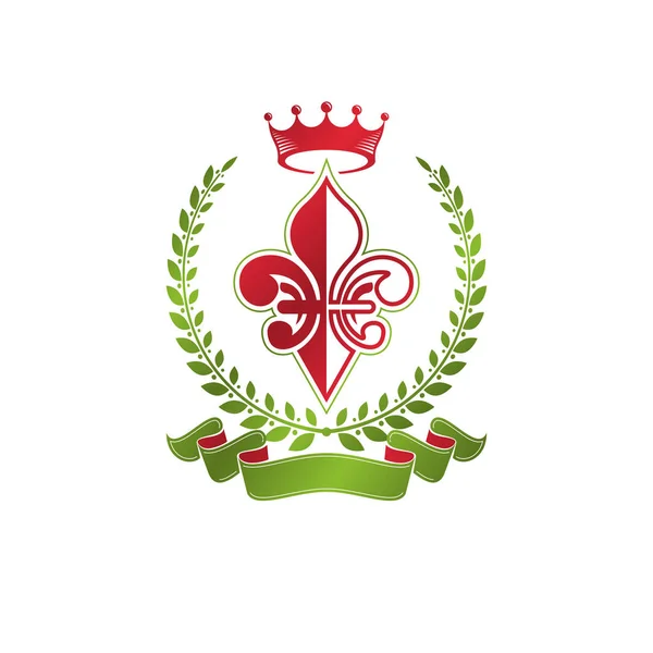 Heraldic Παλτό Των Όπλων Διακοσμητικό Έμβλημα Κρίνο Λουλούδι Και Βασιλικό — Διανυσματικό Αρχείο