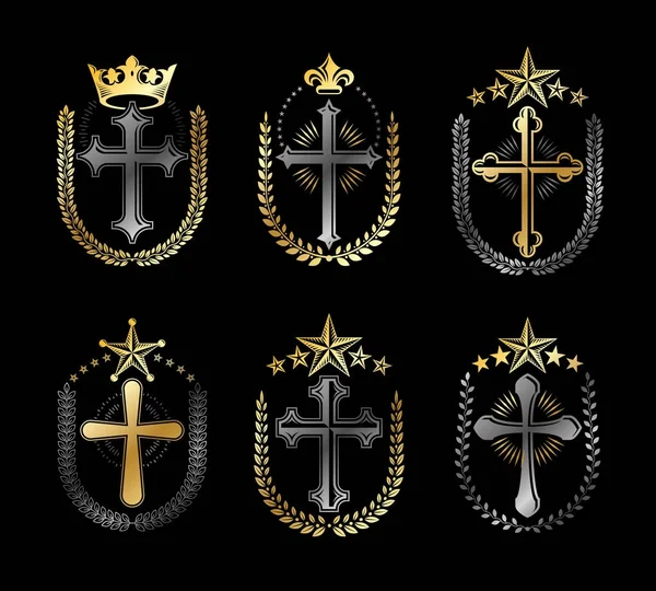 Sada Kříže Křesťanství Emblémy Heraldický Vektorový Design Prvků Kolekce Retro — Stockový vektor