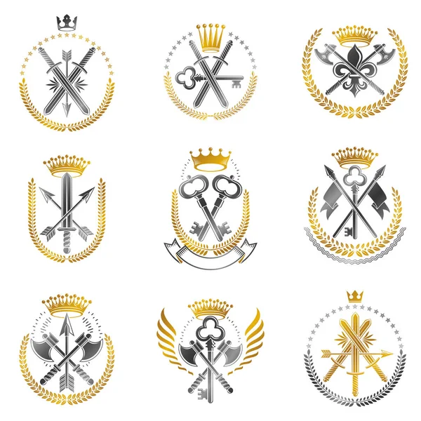 Conjunto Emblemas Armas Vintage Heráldica Brasão Braços Emblemas Decorativos Isolado — Vetor de Stock