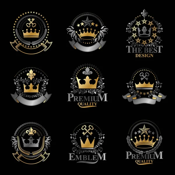 Conjunto Emblemas Coronas Reales Heráldica Colección Elementos Diseño Vectorial Etiqueta — Vector de stock