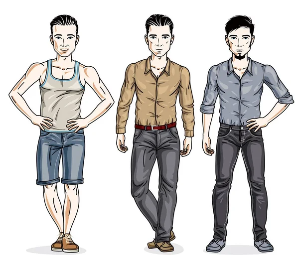 Όμορφοι Άντρες Ποζάρουν Κομψά Casual Ρούχα Vector Εικονογράφηση Σύνολο Διαφορετικών — Διανυσματικό Αρχείο