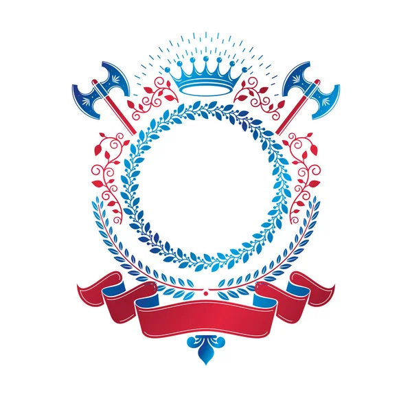 Emblème Graphique Composé Élément Couronne Royale Haches Ruban Luxe Blason — Image vectorielle