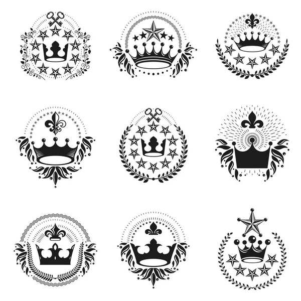 Conjunto Emblemas Coronas Imperiales Escudo Armas Heráldico Colección Logos Vectores — Vector de stock