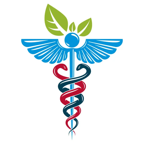 カドゥケウス シンボルは毒ヘビと鳥の翼 ヘルスケアの概念ベクトル図で構成されています 代替医療のテーマ — ストックベクタ