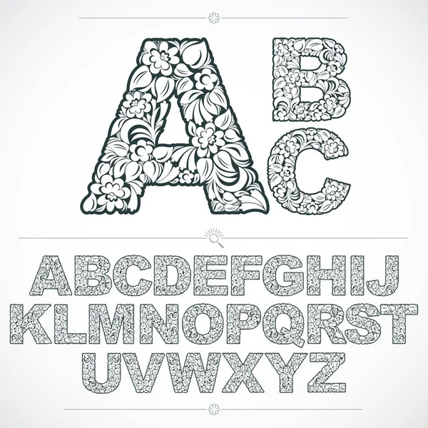 Οικολογία Στυλ Flowery Γραμματοσειρά Διάνυσμα Στοιχειοθετημένα Φυσικό Στολίδι Μονόχρωμη Αλφάβητο — Διανυσματικό Αρχείο