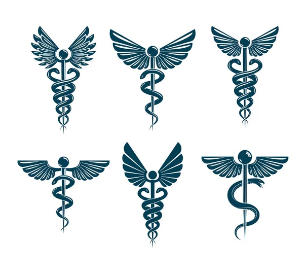一連のベクトル カドゥケウス シンボル鳥の羽 ヘビを使用して作成されます 医療の治療とリハビリのテーマ イラスト — ストックベクタ