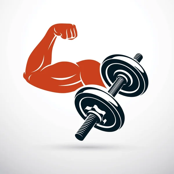 Ilustración Vectorial Hombre Fuerte Bíceps Brazo Mancuerna Símbolo Gimnasio Levantamiento — Vector de stock