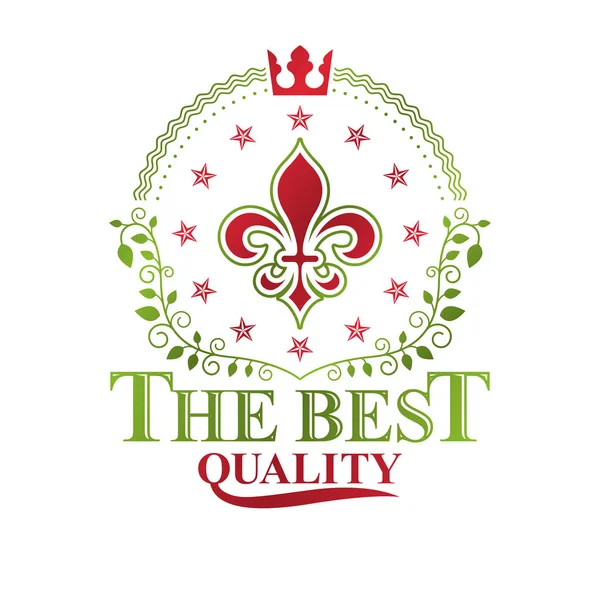 Zambak çiçeği ve kral tacı kullanılarak bestelenmiş Viktorya dönemi renkli amblemi. Kraliyet kalite ödül vektör tasarım unsuru, iş etiketi.