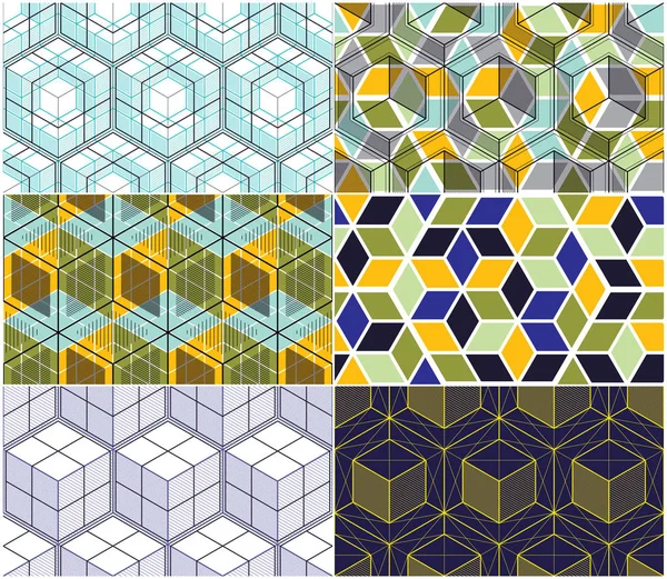 几何线条抽象无缝模式集 3D矢量背景立方体集合 技术风格的工程线条画了无尽的五彩斑斓的图解 可用于织物 包装材料 — 图库矢量图片