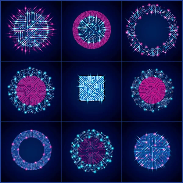 Colección Diseños Microchips Vectoriales Cpu Elementos Tecnología Comunicación Información Con — Vector de stock