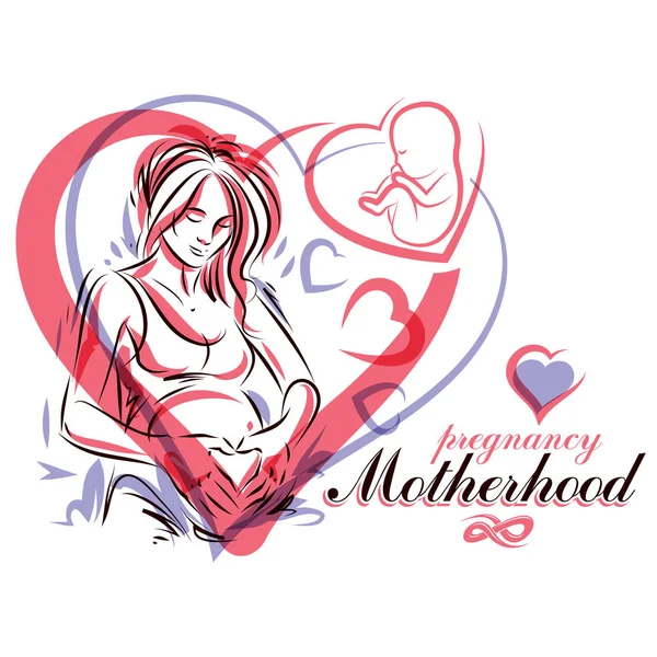Elegante Schwangere Körpersilhouette Zeichnung Vektor Illustration Der Werdenden Mutter Streichelt — Stockvektor