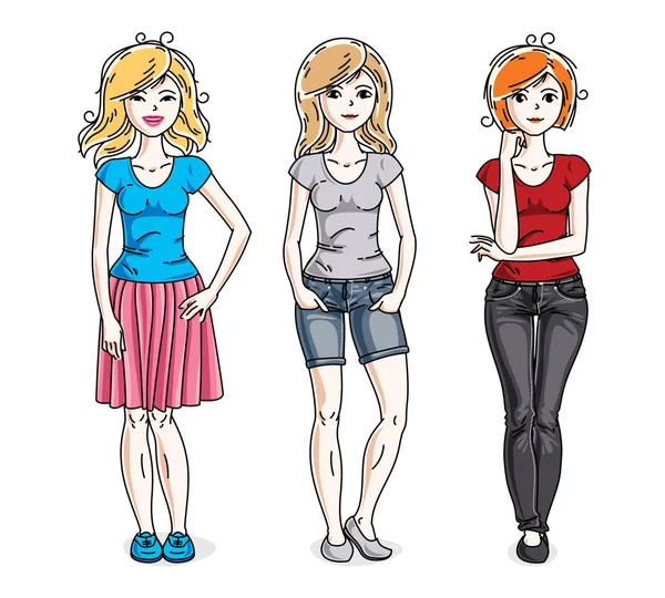 Atraktivní Mladé Ženy Stojící Nosí Ležérní Oblečení Sada Znaků Vektor — Stockový vektor