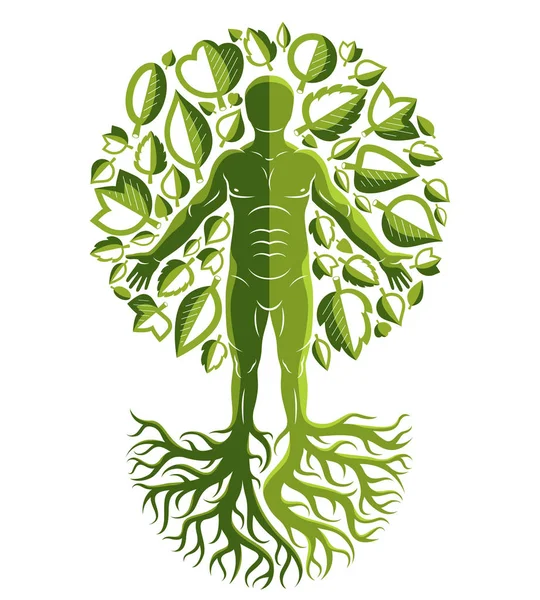 Vector Illustration Human Athlete Made Continuation Tree Strong Roots Surrounded — Stock Vector