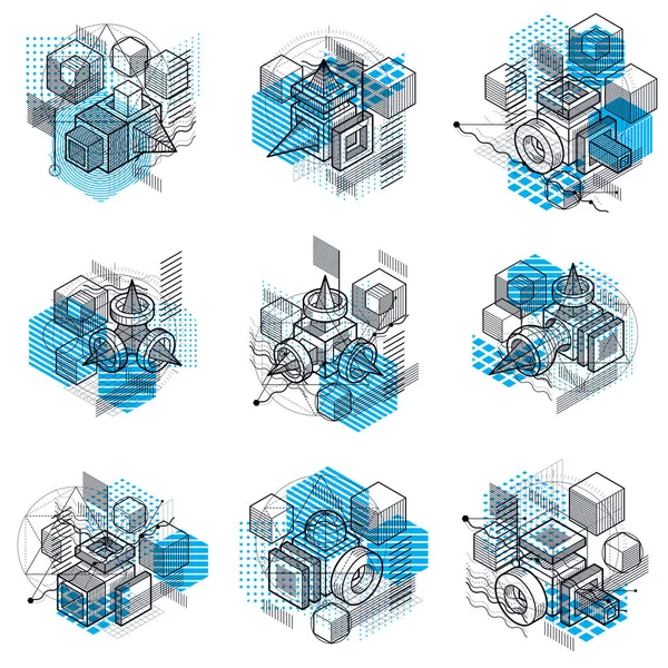 Fundo Isométrico Abstrato Layout Vetorial Composições Cubos Hexágonos Quadrados Retângulos —  Vetores de Stock