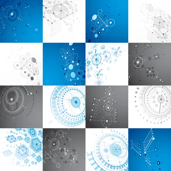 Set Vector Bauhaus Backgrounds Made Grid Overlapping Geometric Elements Circles — Stock Vector