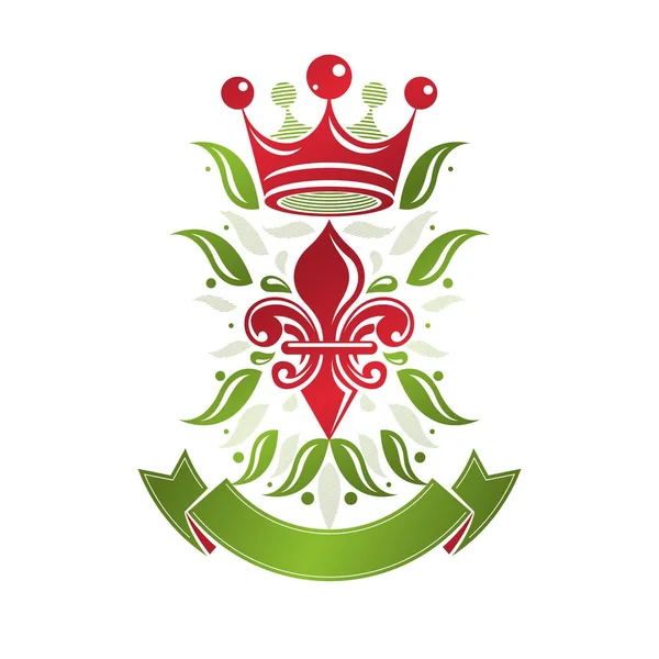 Stemma Araldico Emblema Decorativo Con Fiore Giglio Corona Reale Prodotto — Vettoriale Stock