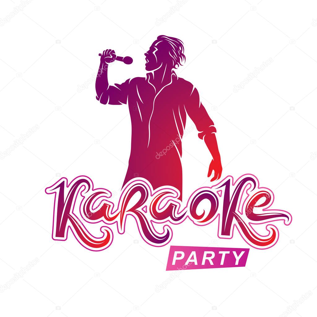 Happy man with microphone sings karaoke, famous superstar concert invitation flyer. Karaoke party writing.