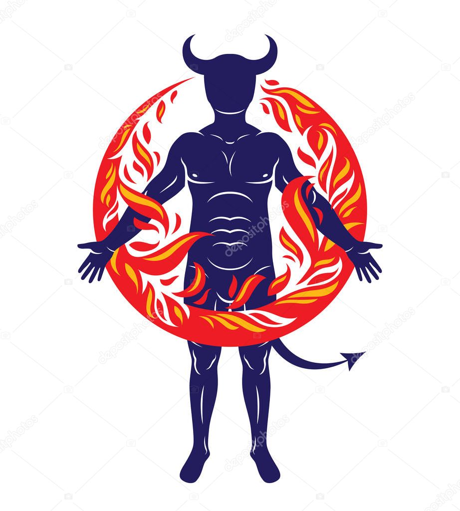 Athletic horned man surrounded by a fireball. Vector illustration of mystic infernal demon, evil Lucifer.
