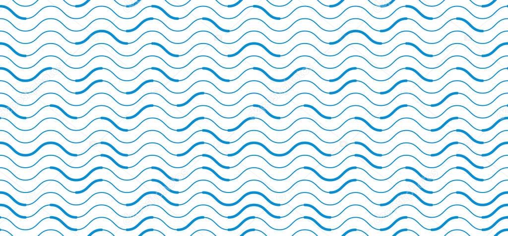 Wavy lines regular repeat endless background, vector abstract seamless pattern, technical digital style blue colored rhythmic waves.