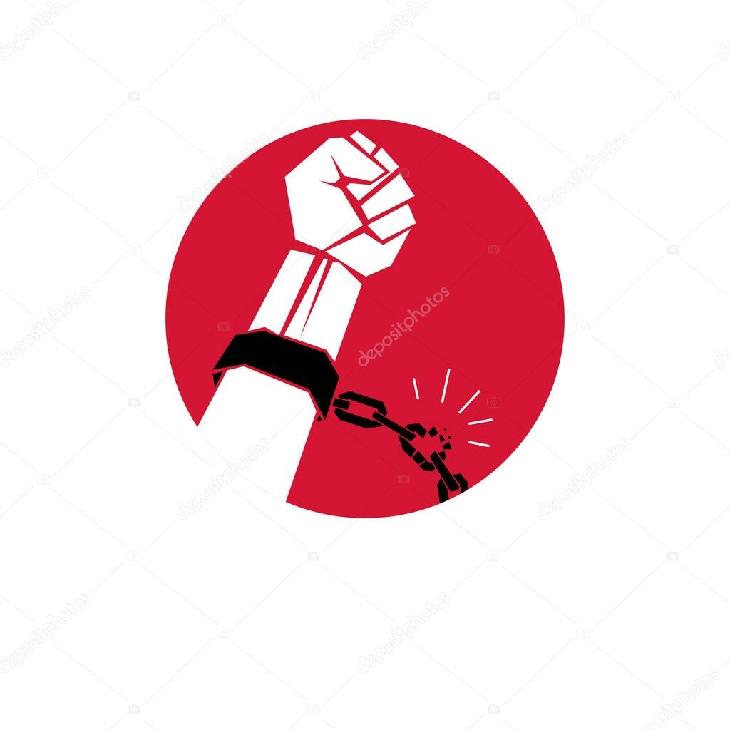 Slave red arm with clenched fist in shackles breaks the chain. No limits and restrictions conceptual emblem.
