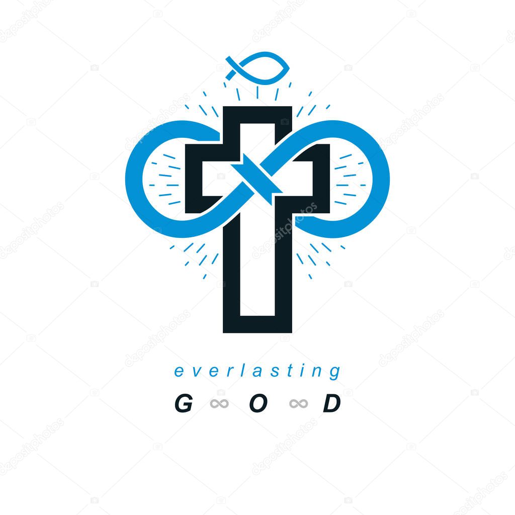 Immortal God conceptual logo design combined with infinity loop sign and Christian Cross, vector creative symbol.