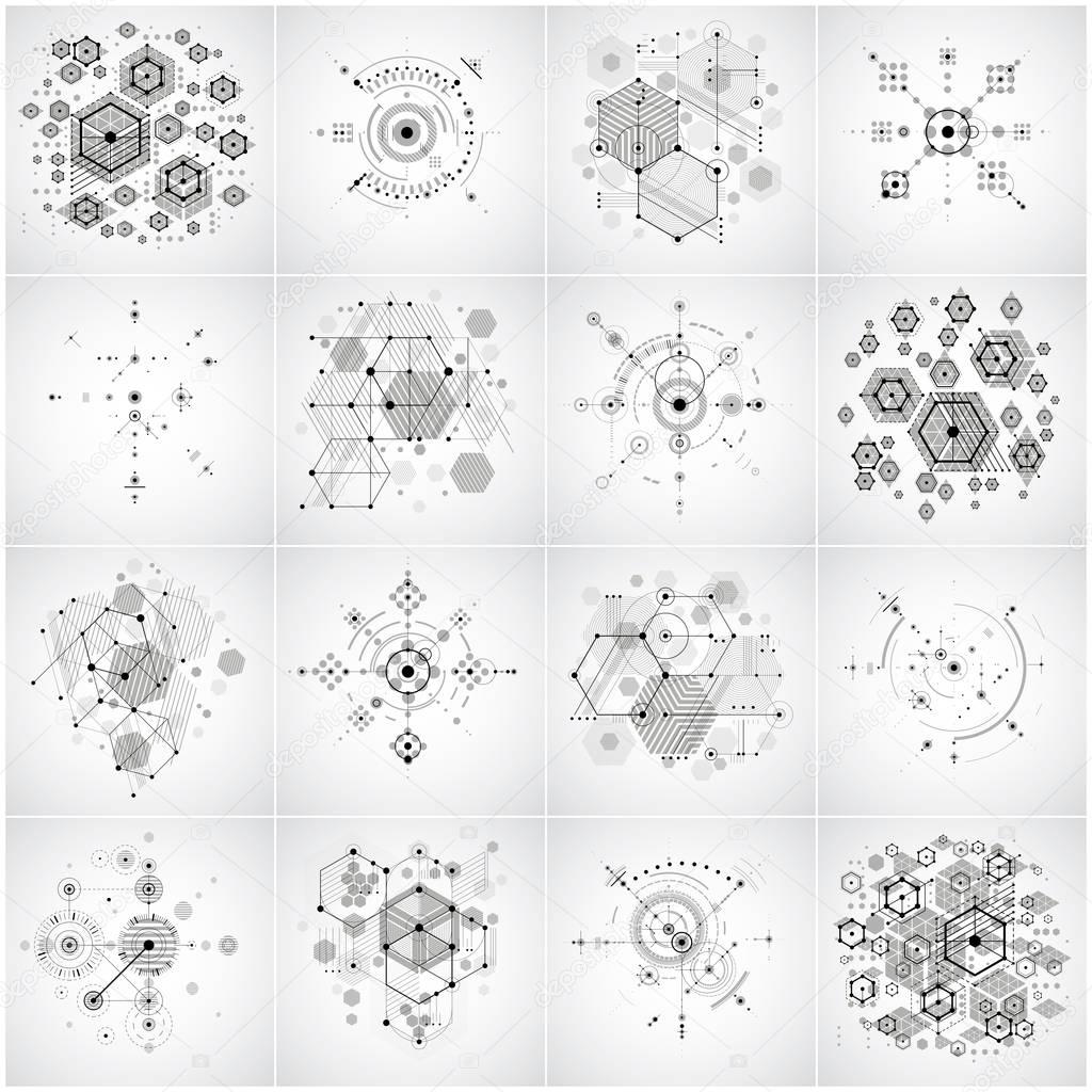 Set of modular Bauhaus vector black and white backgrounds, created from simple geometric figures like circles and hexagons. Best for use as advertising poster or banner design.