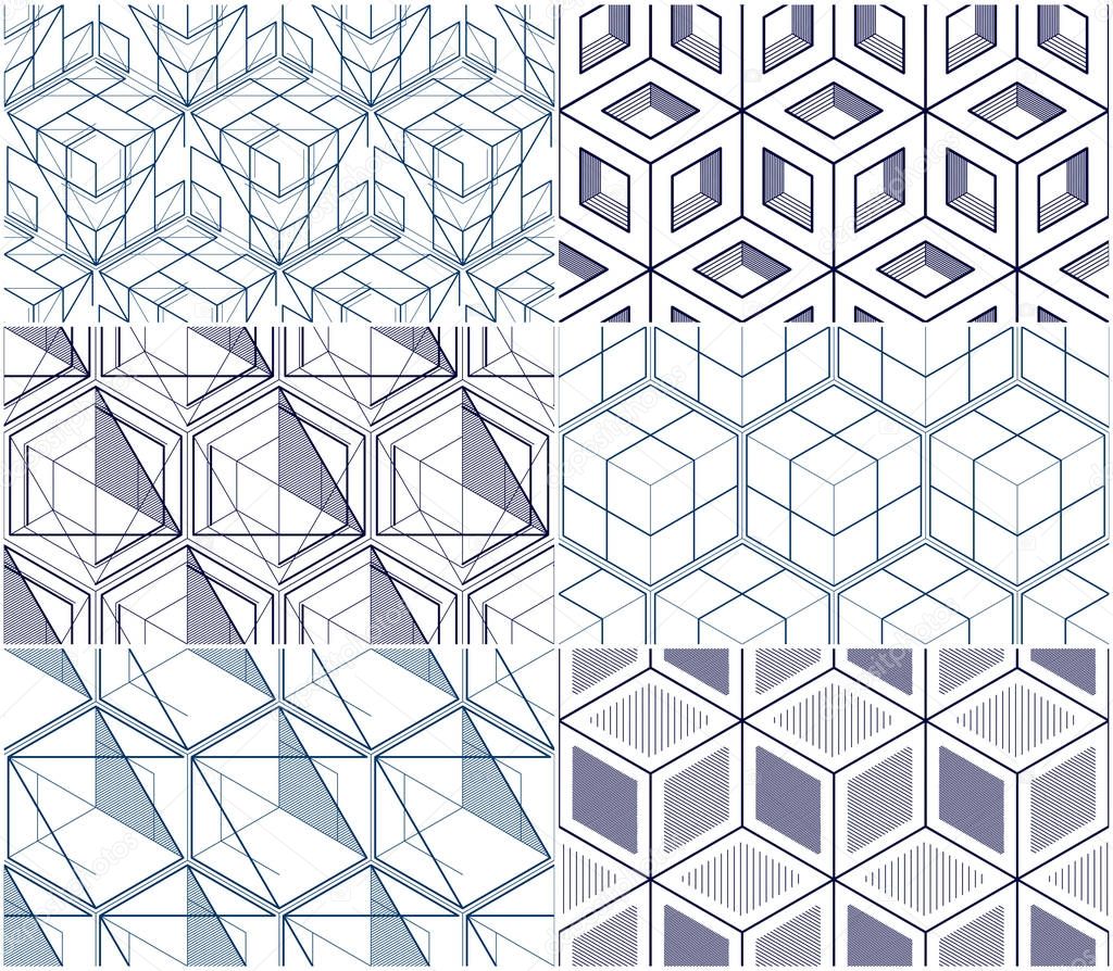 Geometric cubes abstract seamless patterns set, 3d vector backgrounds collection. Technology style engineering line drawing endless illustrations. Usable for fabric, wallpaper, wrapping. Single color, black and white.