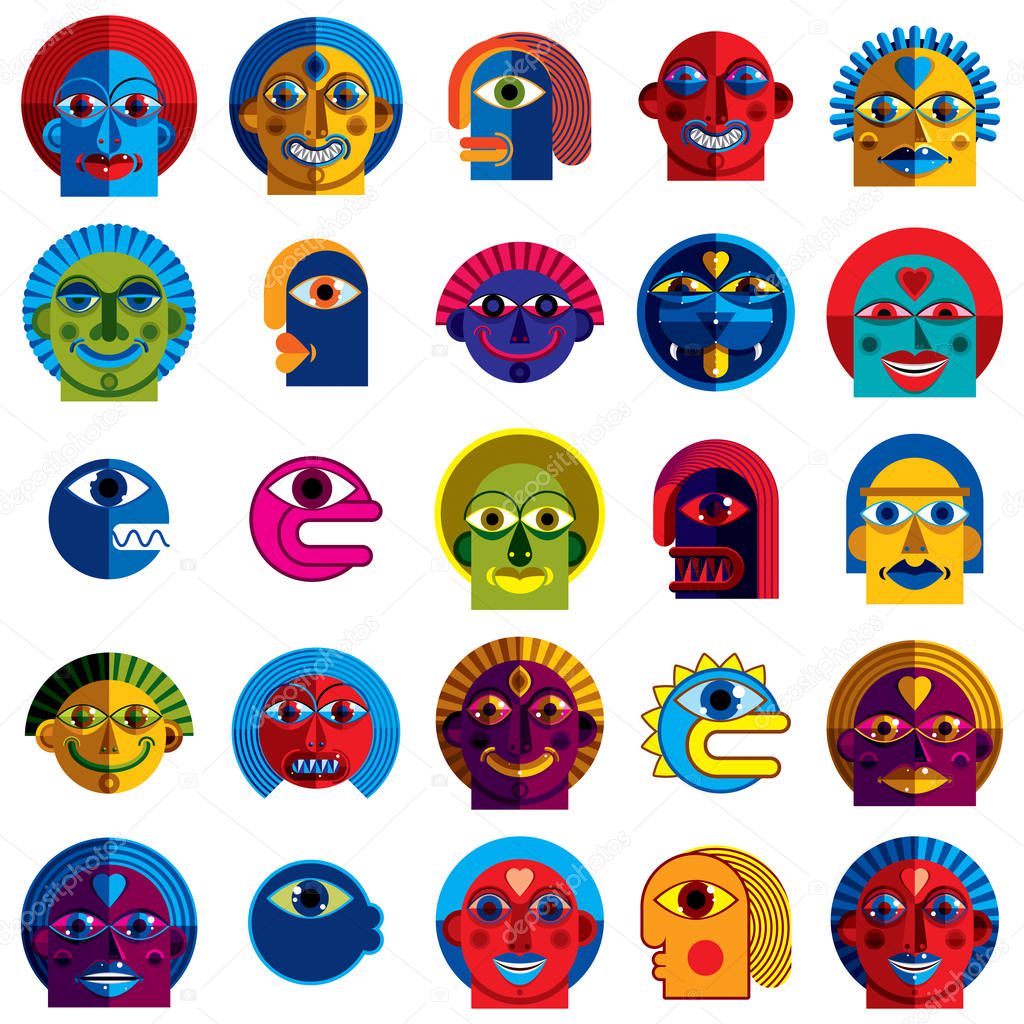 Set of vector bizarre creatures, modern art colorful drawings of imaginative beings. Fantastic odd characters can be used as user avatar icon or in graphic design.