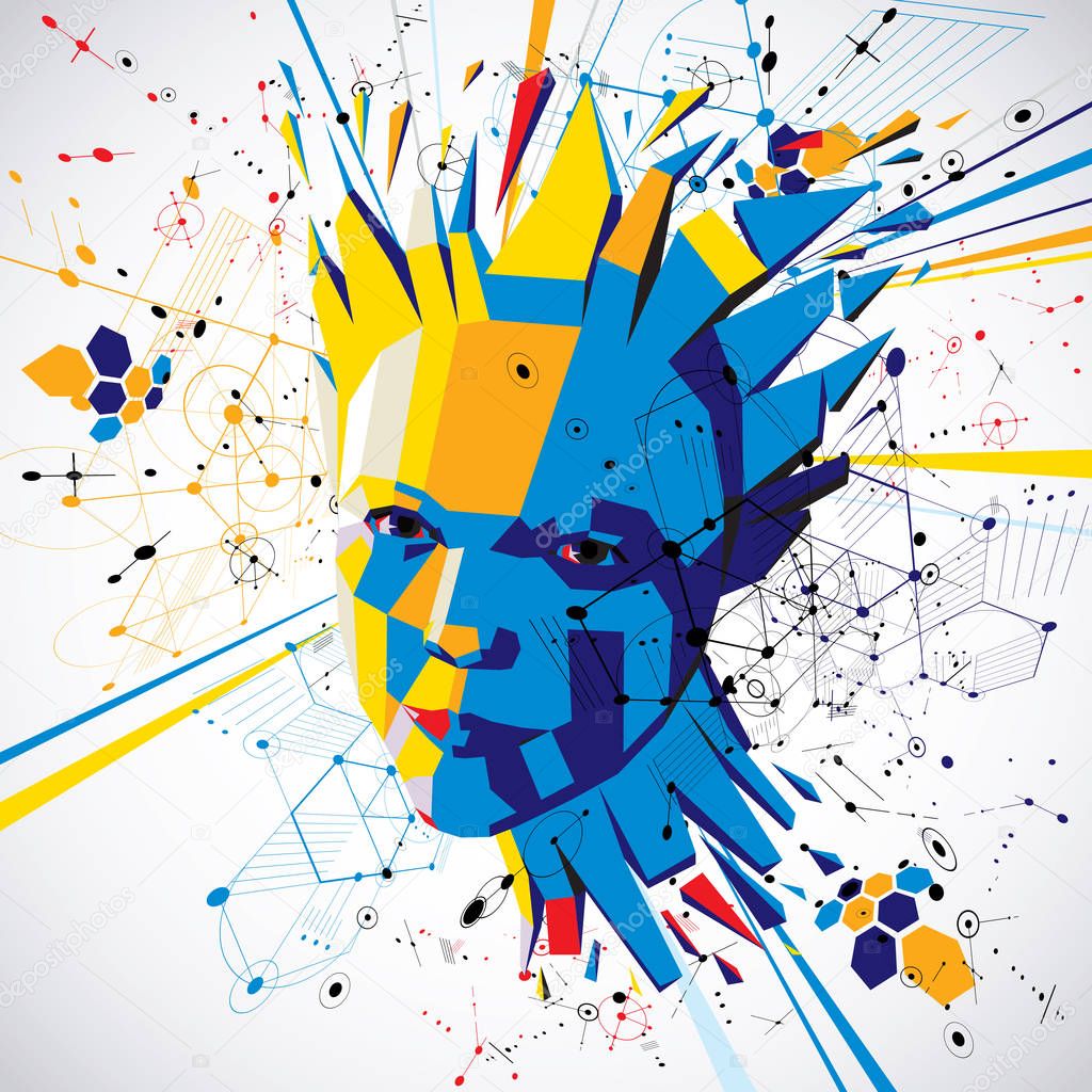 Futuristic 3d vector background made using Bauhaus elements. Head of woman exploding with thoughts created in low poly style, can be used in posters and presentations on subject of human imagination.