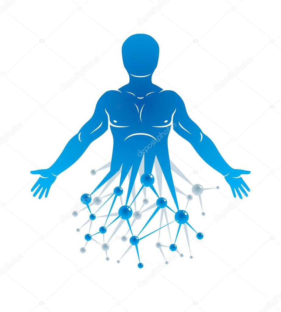 Athletic man vector illustration made using futuristic molecular connections. Human as the object of biochemistry research, genetic engineering.