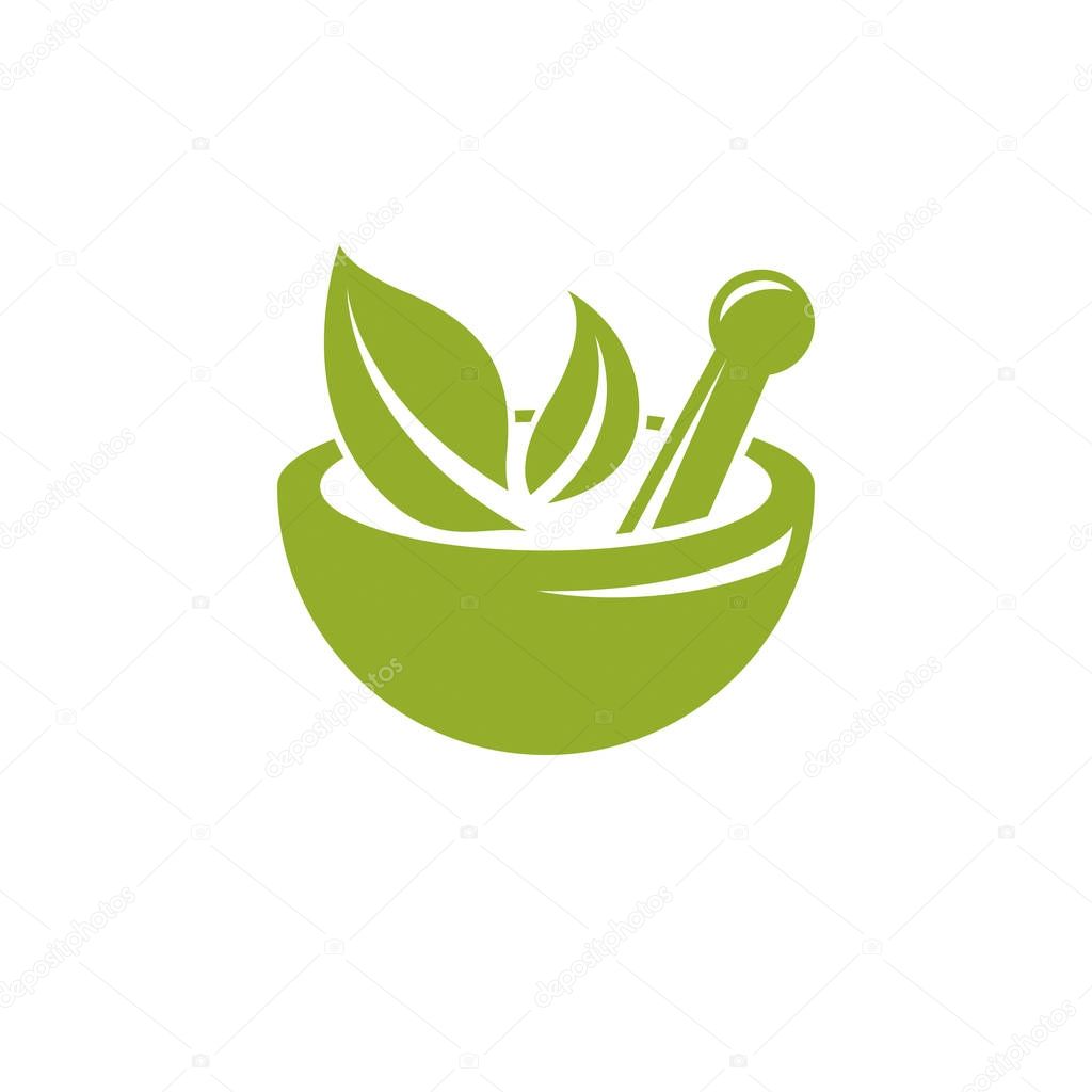 Vector illustration of mortar and pestle isolated on white. Alternative medicine concept, phytotherapy symbol. 