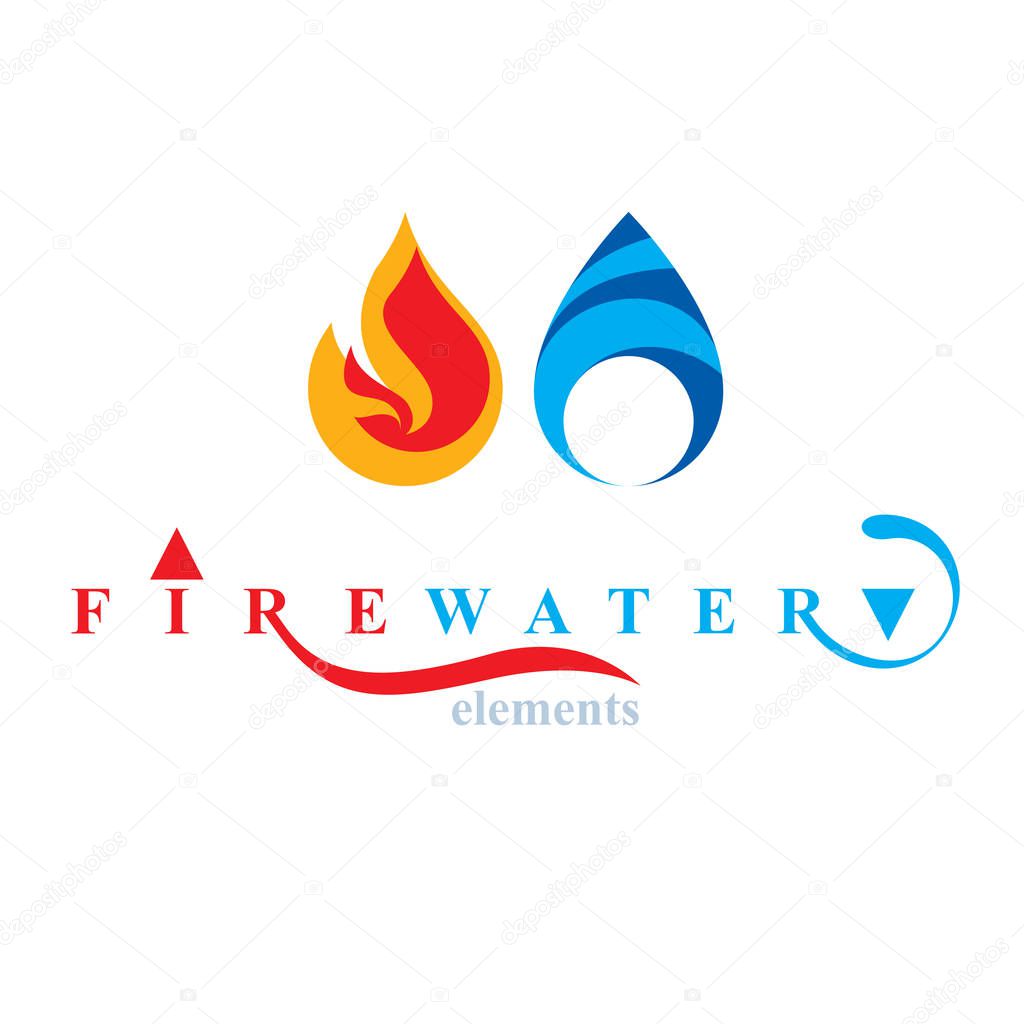 Nature elements balance conceptual emblem for use as marketing design symbol. Fire and water harmony.