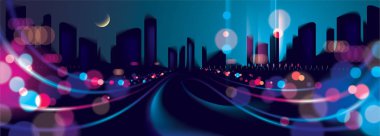 Geniş panorama soyut kentsel gece ışık bokeh, ufuk arka plan. 