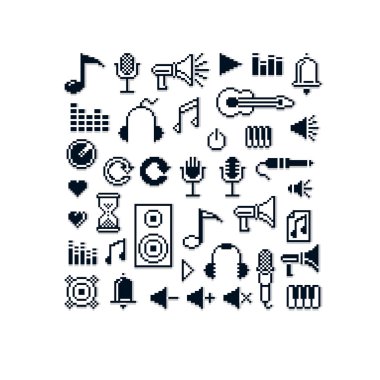 Vektör piksel simgeler izole, 8 bit müzik grafik öğeleri koleksiyonu
