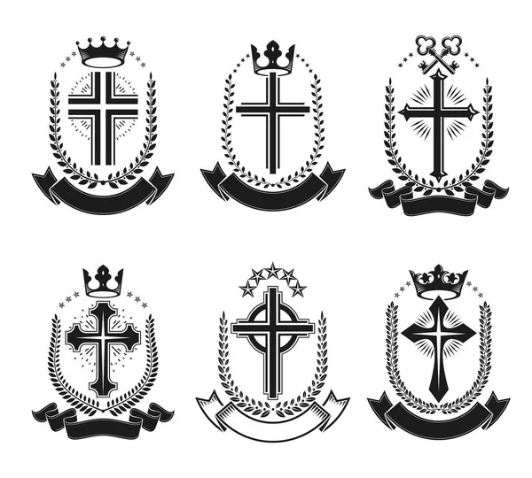 Emblèmes Christian Crosses Mis Isolé Sur Fond Blanc — Image vectorielle