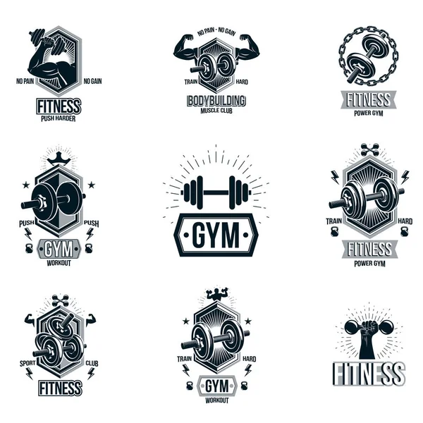 Set Vector Fitness Workout Weightlifting Gymnasium Theme Logotypes — Stock Vector