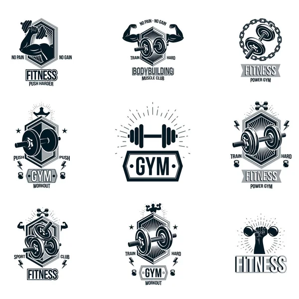 Gyűjteménye Vektor Fitness Edzés Súlyemelés Gimnázium Téma Logó — Stock Vector