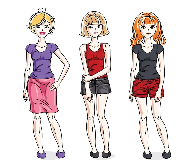 Atraktivní Mladé Dospělé Dívky Stojící Nosí Ležérní Oblečení — Stockový vektor