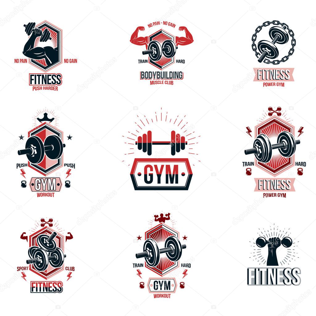 Vector power lifting theme emblems and motivational flyer templates collection.