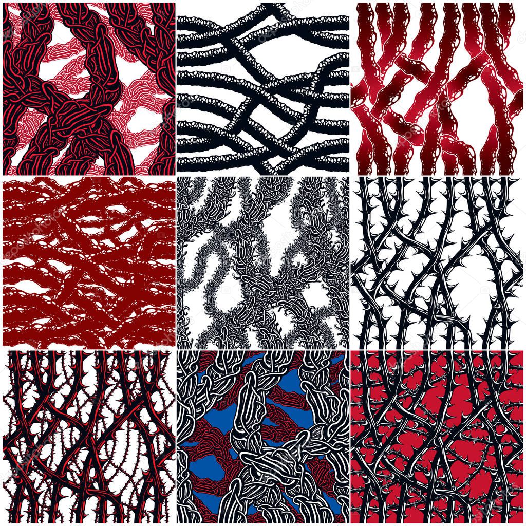 Horror art style seamless patterns set, vector backgrounds collection.
