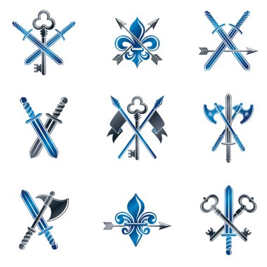 Beyaz arka plan üzerinde izole vintage silah amblem seti.