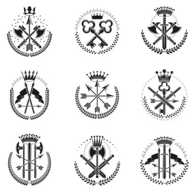 Vintage silah Amblemler vektör tasarım öğeleri koleksiyonu ile ayarla.