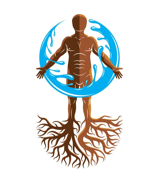 Vector Graphic Illustration Muscular Human Created Tree Roots Surrounded Water — Stock Vector