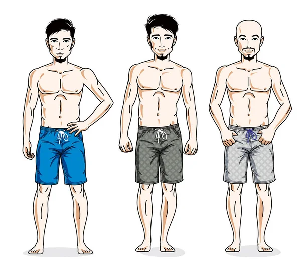 Hommes Heureux Debout Dans Des Shorts Plage Colorés — Image vectorielle