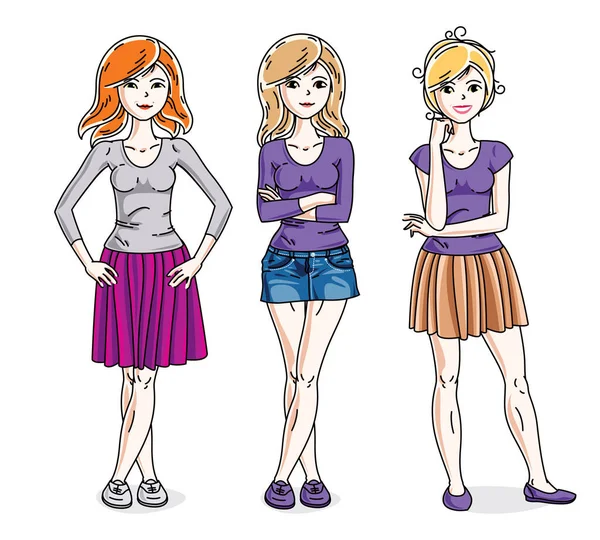 Roztomilé Mladé Dospělé Dívky Stojící Módní Neformální Oblečení — Stockový vektor
