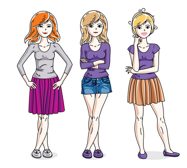 Happy cute young adult girls standing wearing fashionable casual clothes.