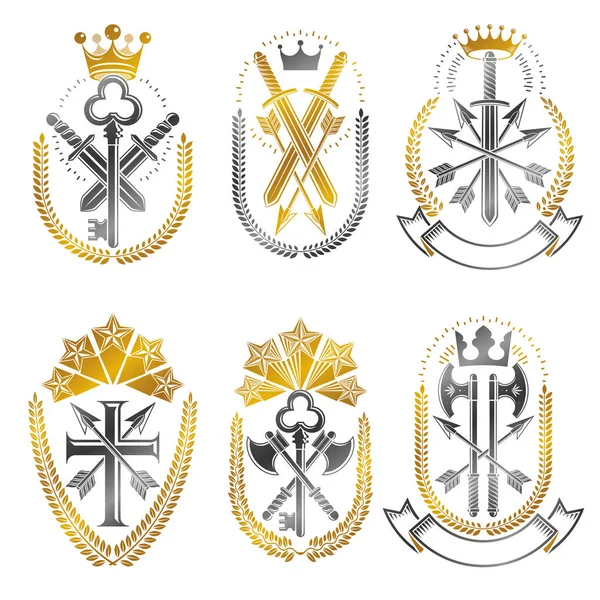 Vintage Wapen Emblemen Set Geïsoleerd Witte Achtergrond — Stockvector